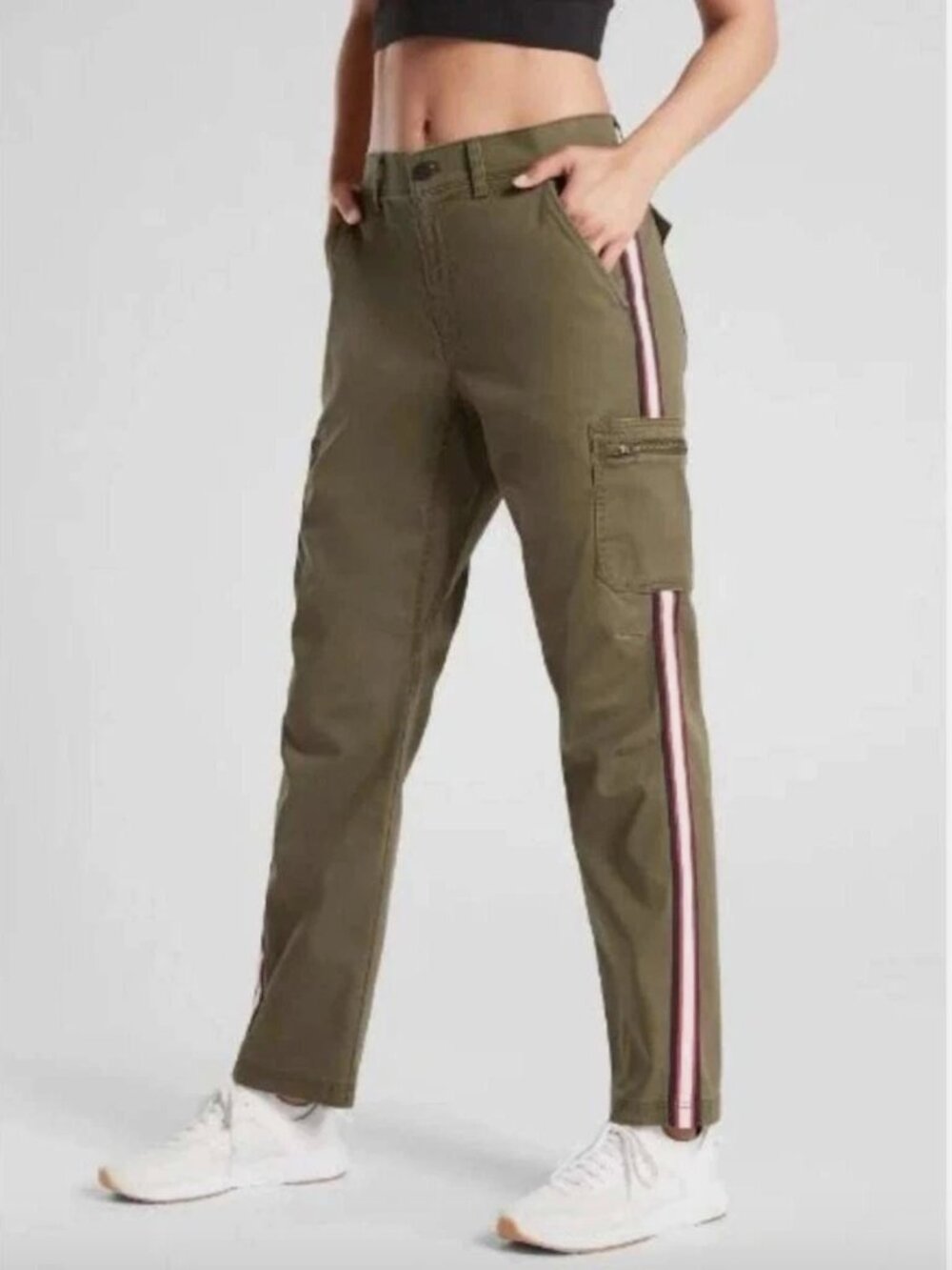 Athleta Olive Green Straight-Leg Cargo Pants with Pink Stripe
